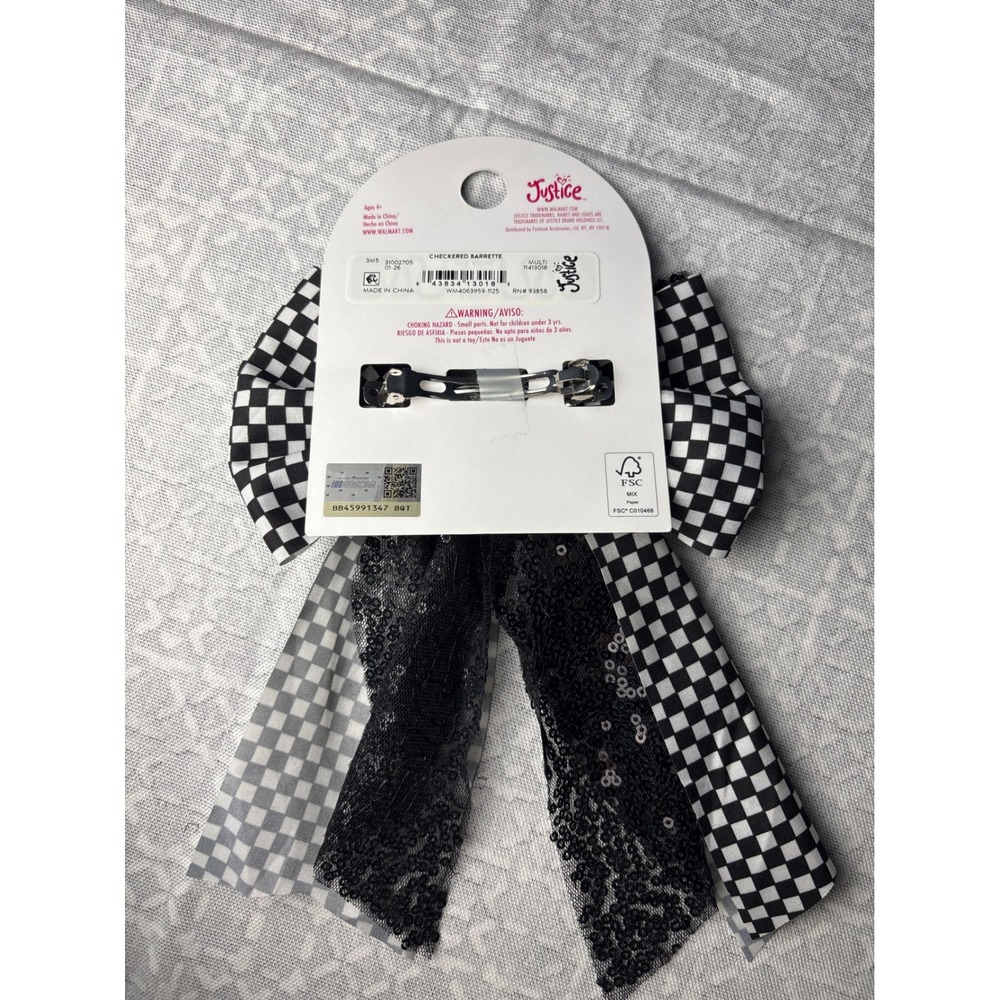 Justice NASCAR Hair Bow Girls Black White Checkered Sequin Barrette Racingcore - Picture 4 of 5